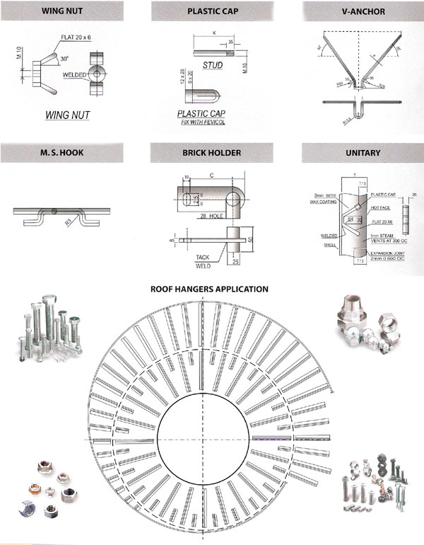 Refractory anchors, Metallic anchors, SS anchors, Anchors alloy, Mild Steel, Stainless Steel 304, Stainless Steel 310 or 316, V anchors, U anchors, Y anchors, Studs anchors, Abrasive anchors, Refractory anchors in furnace, Anchors refractory in furnace